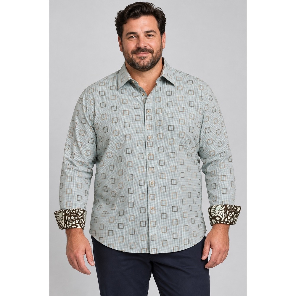 Robert Graham Mens 2XL Button Down Shirt Blue Gingham Geometric Silk Trim
